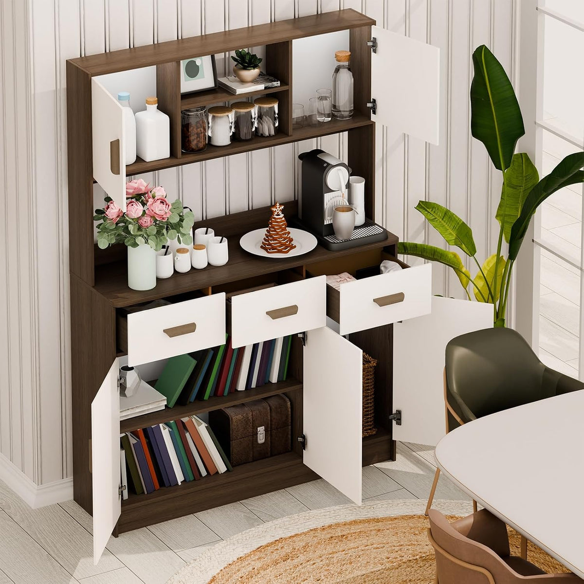 Kitchen Pantry Storage Cabinet, Hutch Cabinet with Buffet Cupboard, Utility Pantry with Microwave Stand, Household Wall Tall Sideboard with 3 Drawers, 5 Doors Open Shelves for Kitchen, Dinin