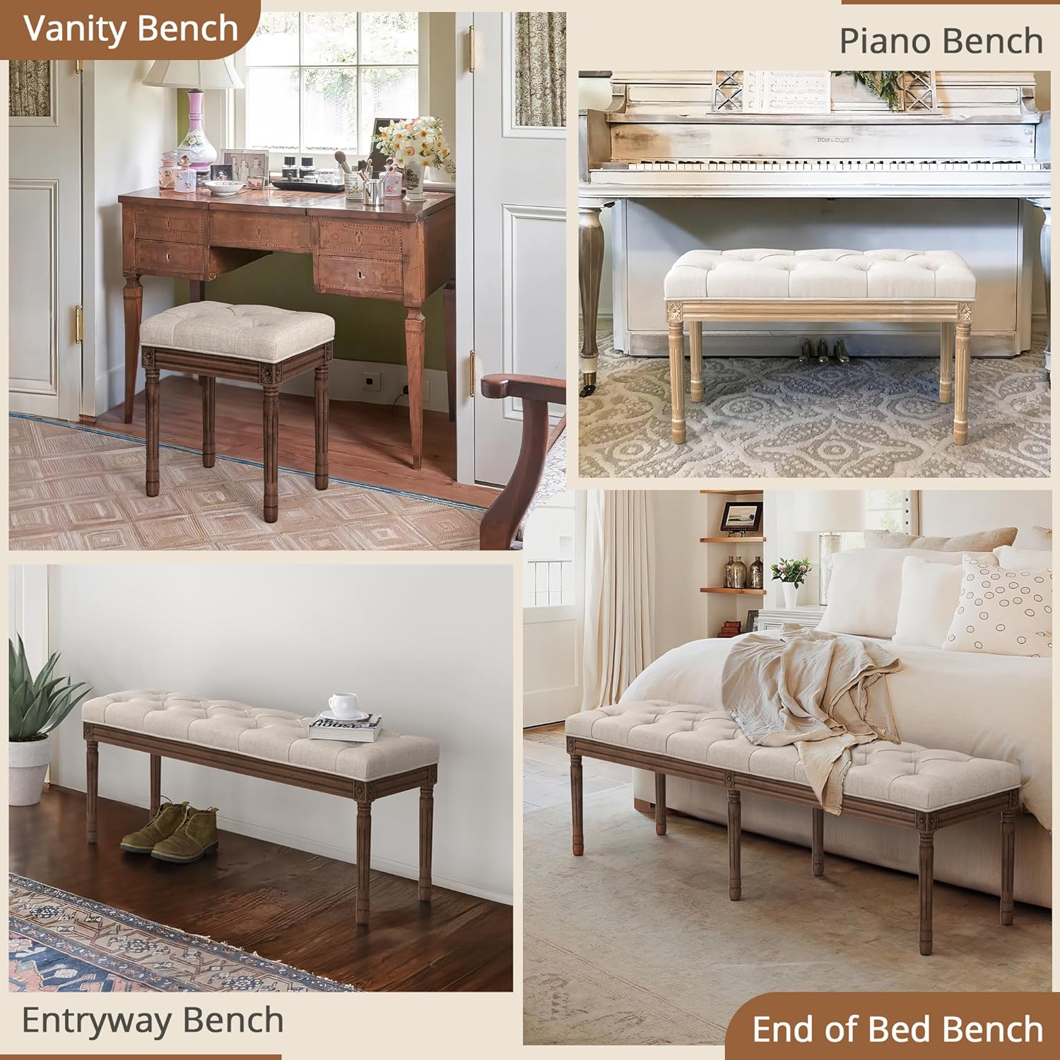 LUE BONA 60" Fabric End of Bed Bench, Upholstered Tufted French Bedroom Bench with Carved Dark Brown Legs for Bedroom End of King Size Bed, Living Room, Linen