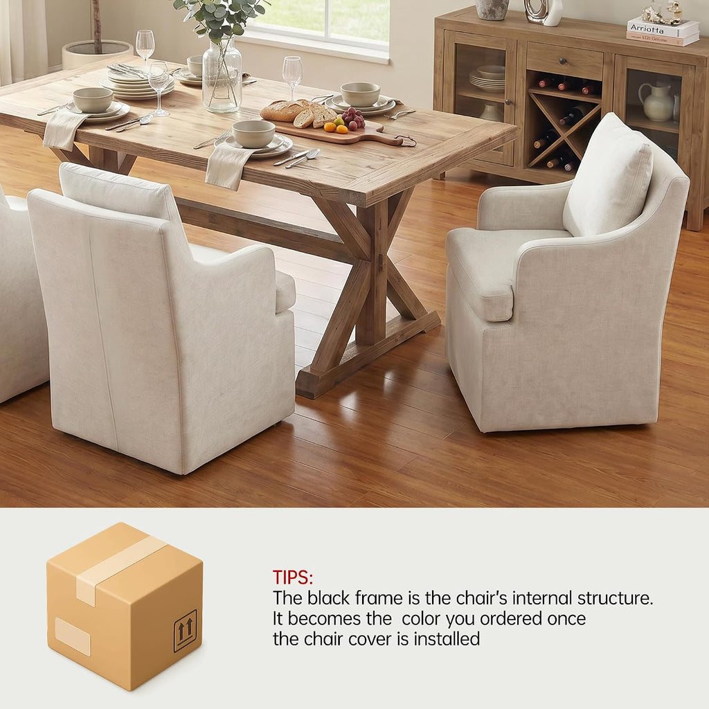 VKNOW Upholstered Dining Chairs Set of 6, Modern Kitchen Chairs Dinner Chairs with 4 Casters, Chenille Armchair for Bedroom Reading Room Living Room, Beige