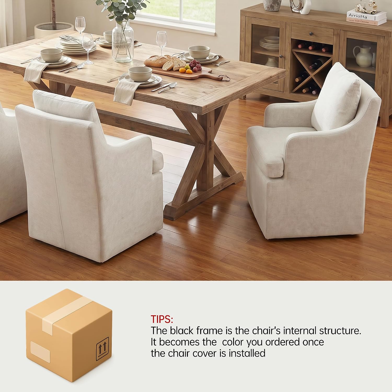 VKNOW Upholstered Dining Chairs Set of 6, Modern Kitchen Chairs Dinner Chairs with 4 Casters, Chenille Armchair for Bedroom Reading Room Living Room, Beige