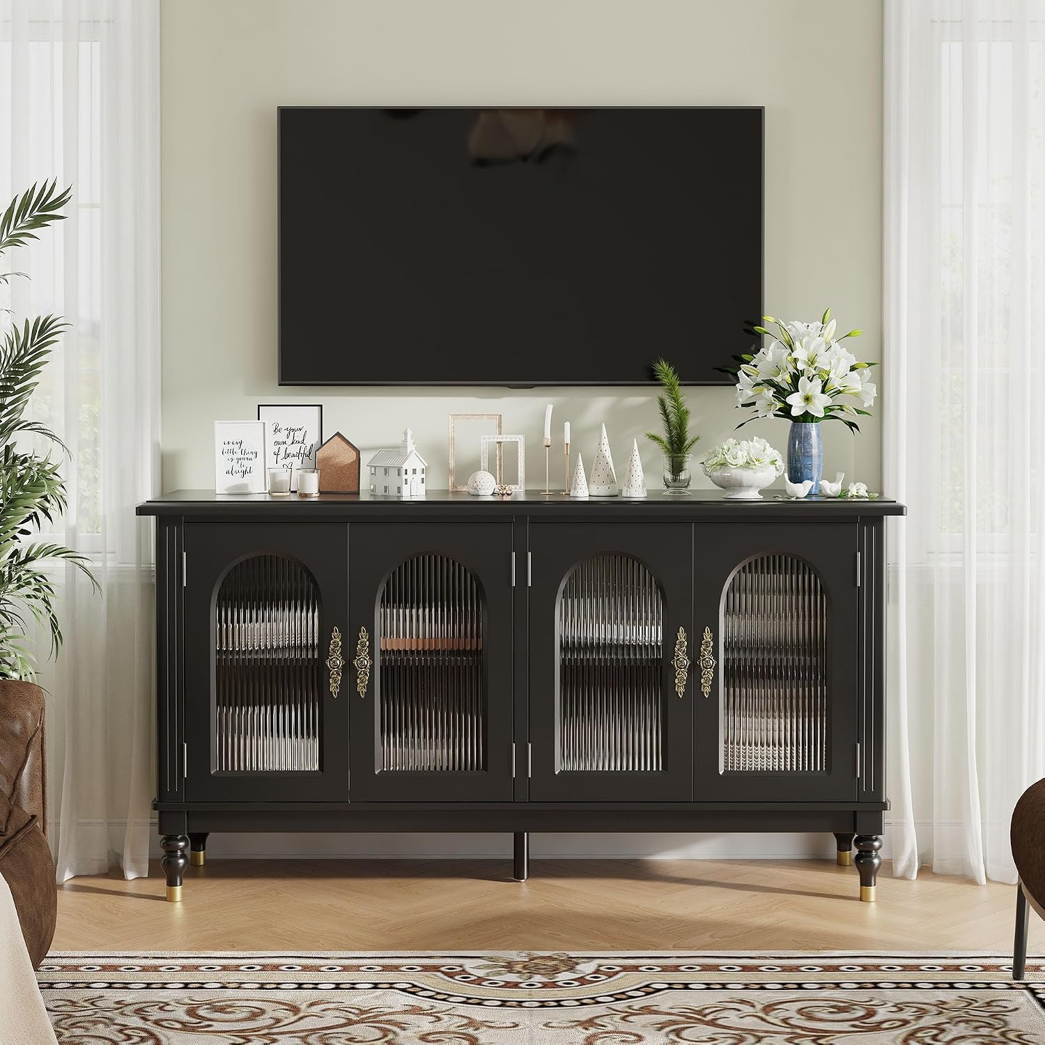 iPormis Fluted Arched Buffet Cabinet with Storage, 59" Modern Sideboard with Glass Door & Adjustable Shelves, Mid Century Modern Solid Wood Credenza Accent Cabinet for Living Room, Entryway, Black