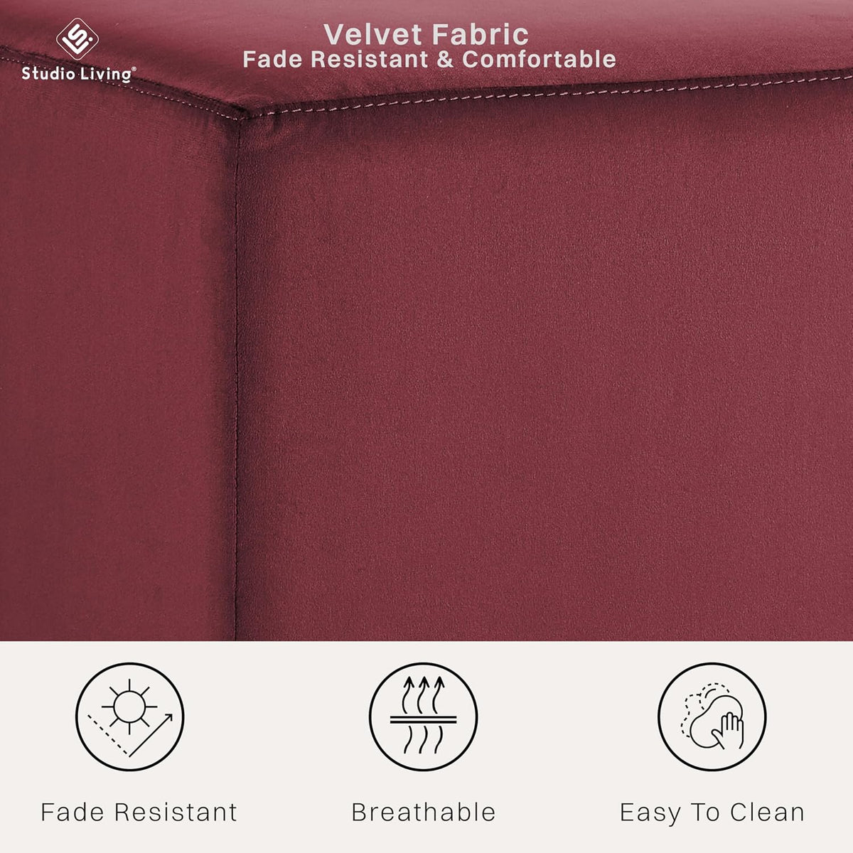 Studio Living® 18” Warren Ottoman Square Soft Velvet Bench, Stationary Ottomans, Backless Chair, Footrest for Living Room, Footstool Office, Bedroom, Padded Seat, Plum