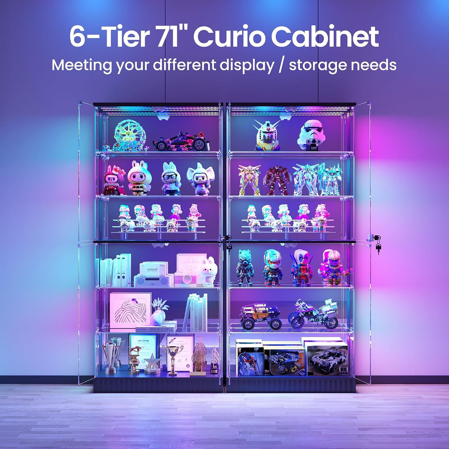 Lvifur 6-Tier Tall Glass Display Cabinet with RGB Lights for Collectibles