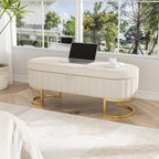 Storage Ottoman Bench, 45" Velvet End of Bed Bench Bedroom Bench with Golden Metal Legs, Upholstered Storage Bench for Bedroom Living Room Entryway and Window, Beige