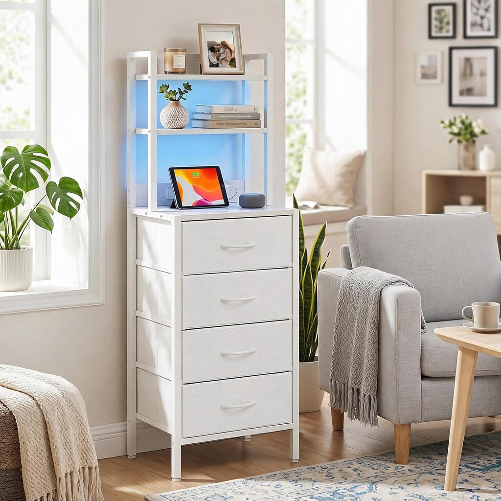 Fixwal 47 Inch Tall Nightstand with Charging Station, Led Night Stand with Socket, 4 PU Finished Fabric Storage Drawers, Office, Bedside Table & Bookshelf in One, White