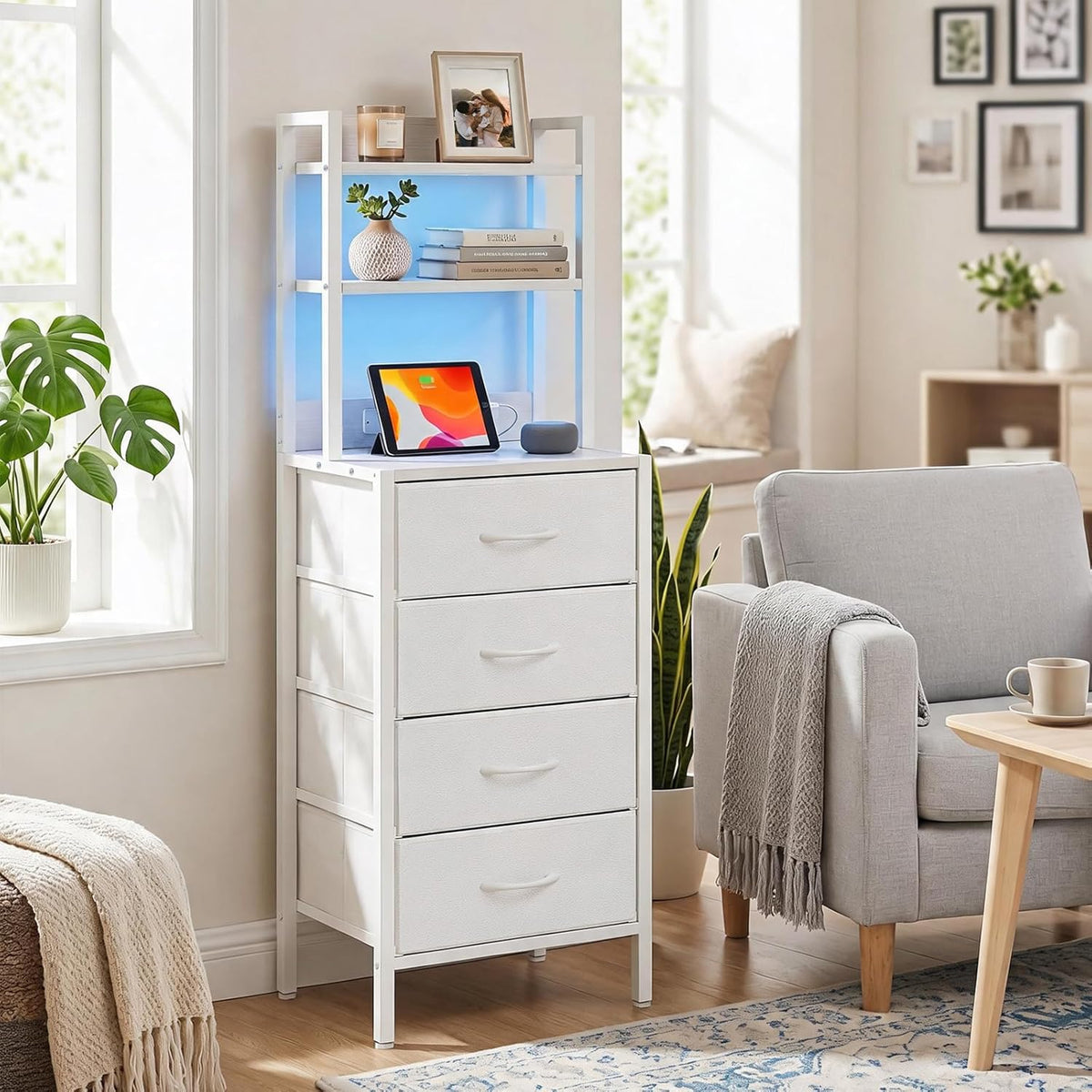 Fixwal 47 Inch Tall Nightstand with Charging Station, Led Night Stand with Socket, 4 PU Finished Fabric Storage Drawers, Office, Bedside Table & Bookshelf in One, White