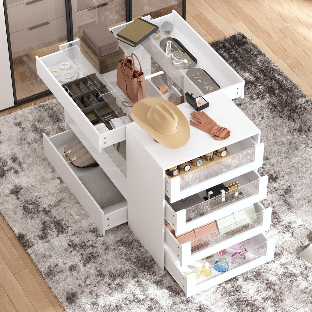 Armoire Bedroom Island Wardrobe Closet Island with 8 Drawers & Glass Tabletop, Walk in Closet Island with Drawers, Island Dresser with Display Shelf, for Bedroom White 47.2”W x 23.6”W x 31.5”H