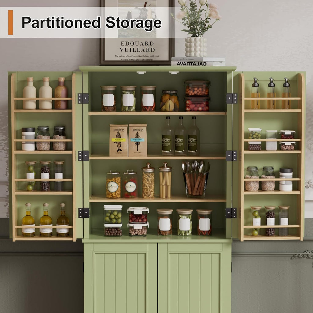Scurrty Kitchen Pantry Cabinet, 69'' Pantry Storage Cabinet with 4 Doors and Shelves, Farmhouse Kitchen Cabinet with 3 Drawers, Freestanding Wooden Cupboard for Living Room and Dinning Room (Green)