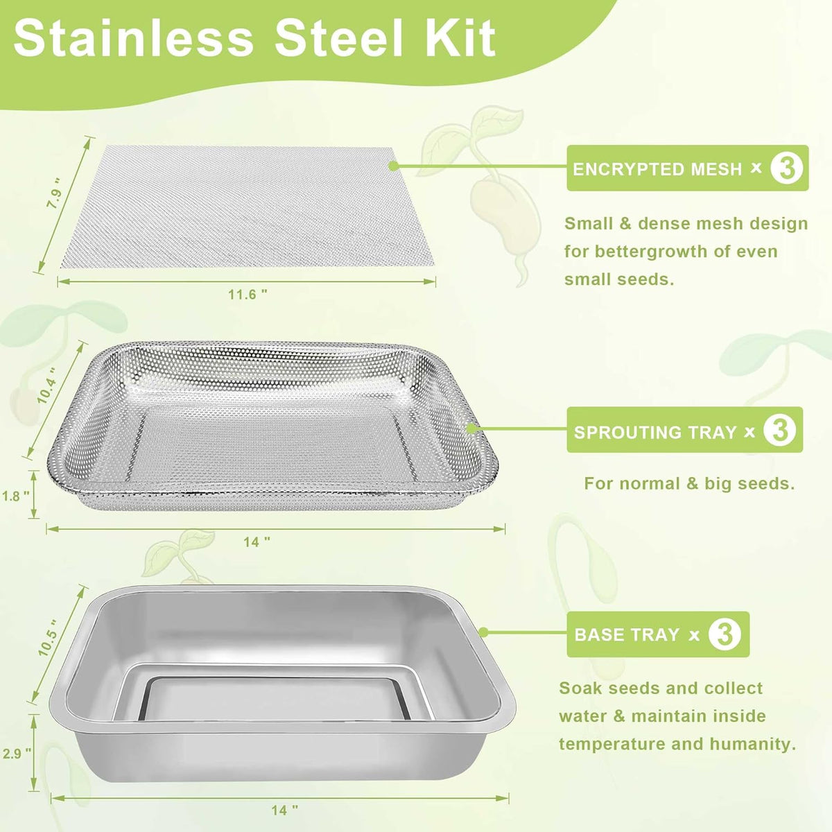 Stainless Steel Sprouts Growing Kit 3-Tier 14 inch Trays, Microgreens Growing Kit, Seed Sprouting Tray with Encrypted Mesh Sprouts for Beans Alfalfa Broccoli Wheat Grass
