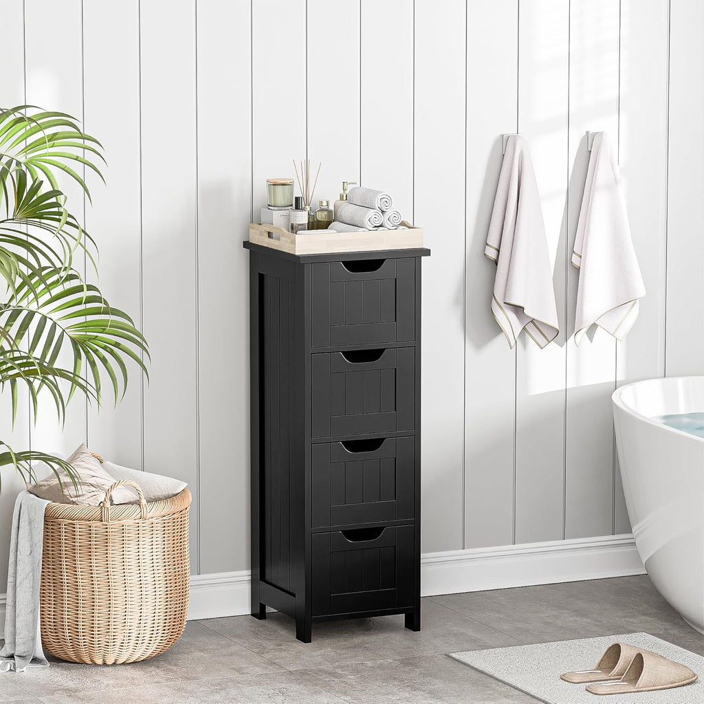 Bathroom Floor Storage Cabinet, Freestanding Wooden Side Organizer w/4 Drawers & Anti-Tip Kit for Bathroom Living Room Hallway Office Study, Black
