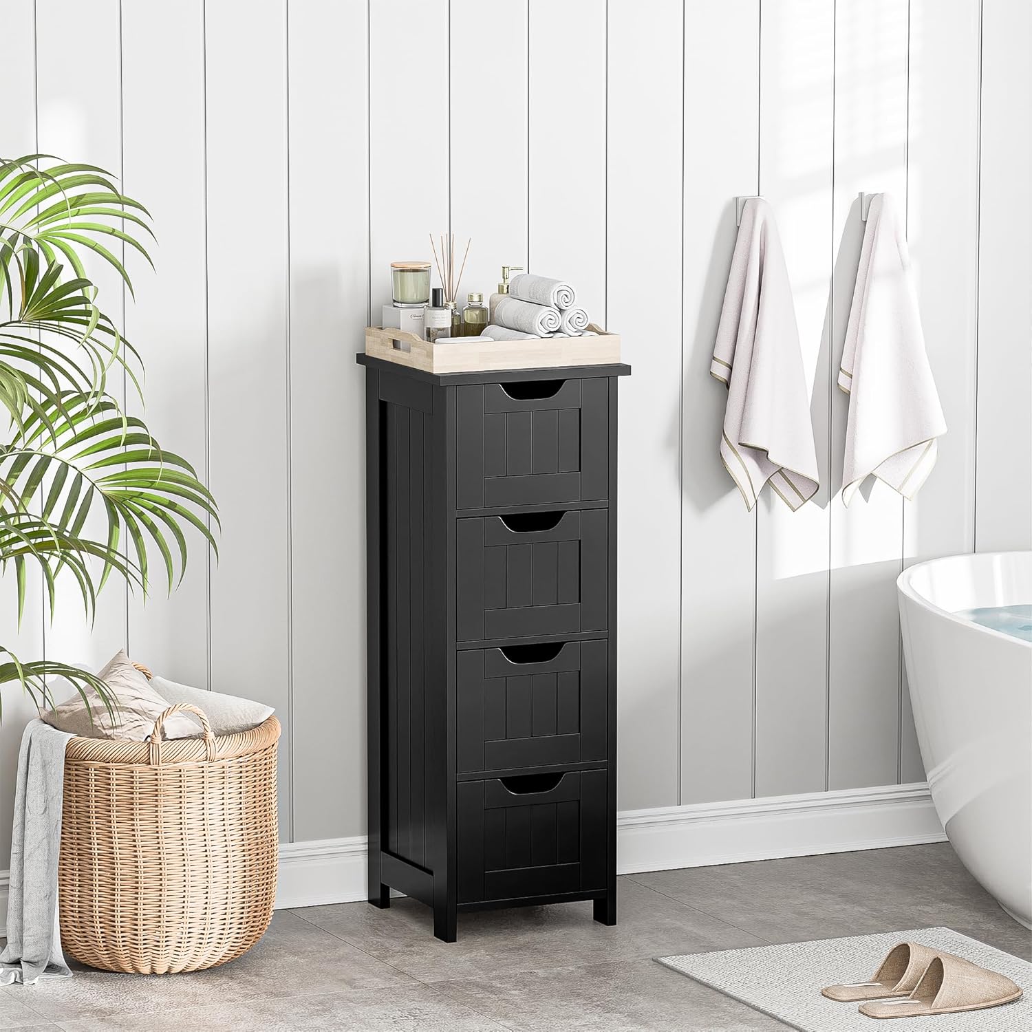 Bathroom Floor Storage Cabinet, Freestanding Wooden Side Organizer w/4 Drawers & Anti-Tip Kit for Bathroom Living Room Hallway Office Study, Black
