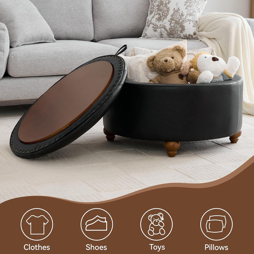 WUTUTUEE 30Inch Round Storage Ottoman with Tray, Modern Tufted Leather Circle Coffee Table with Storage, Upholstered Ottoman with Removable Top for Living Room, Bedroom, Leather Black