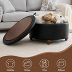 WUTUTUEE 30Inch Round Storage Ottoman with Tray, Modern Tufted Leather Circle Coffee Table with Storage, Upholstered Ottoman with Removable Top for Living Room, Bedroom, Leather Black