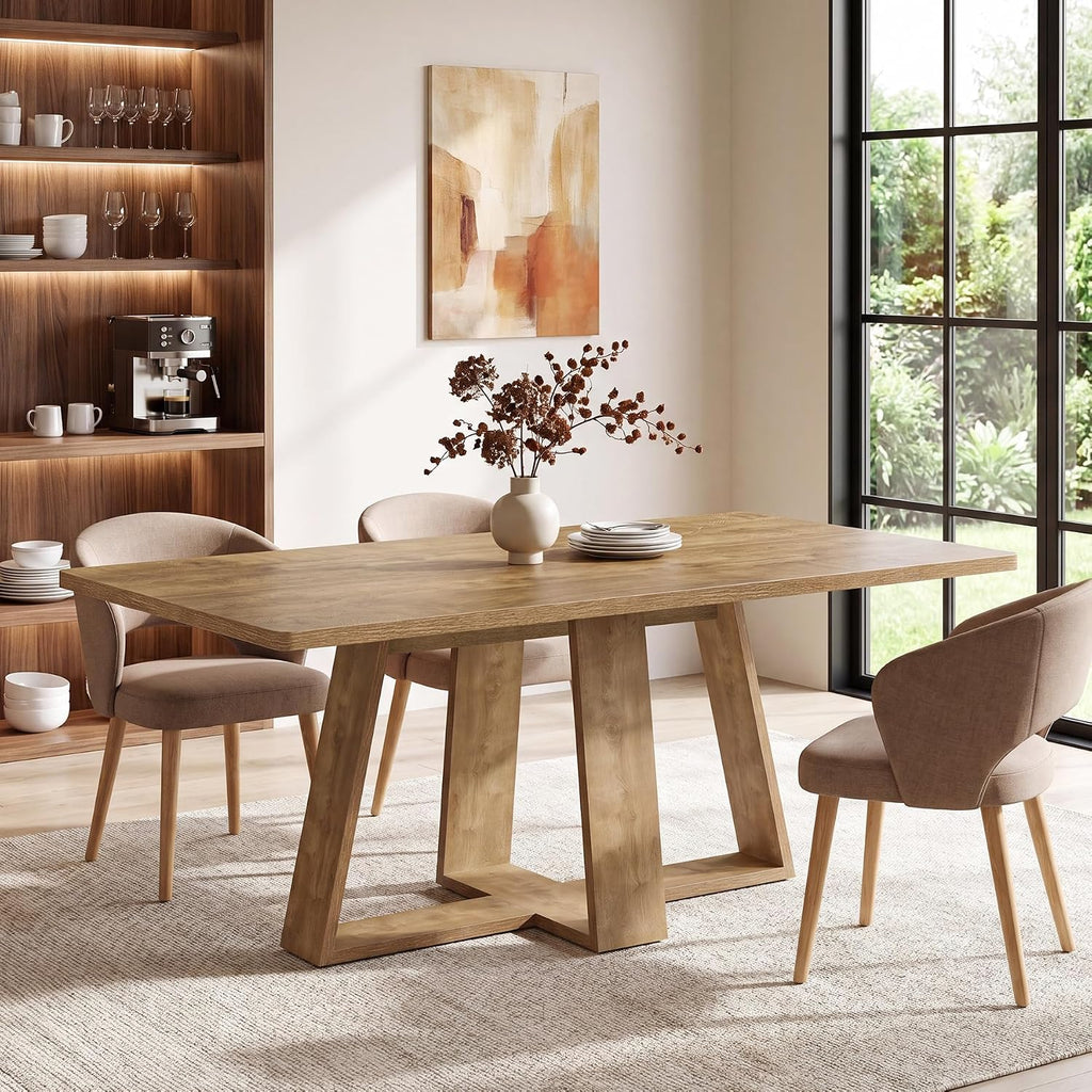 Tribesigns 63-Inch Dining Table, Farmhouse Kitchen Table with Wooden Pedestal, Rectangle Dinner Table for Kitchen, Dining Room, Small Space, Rustic Brown, Capacity 4-6