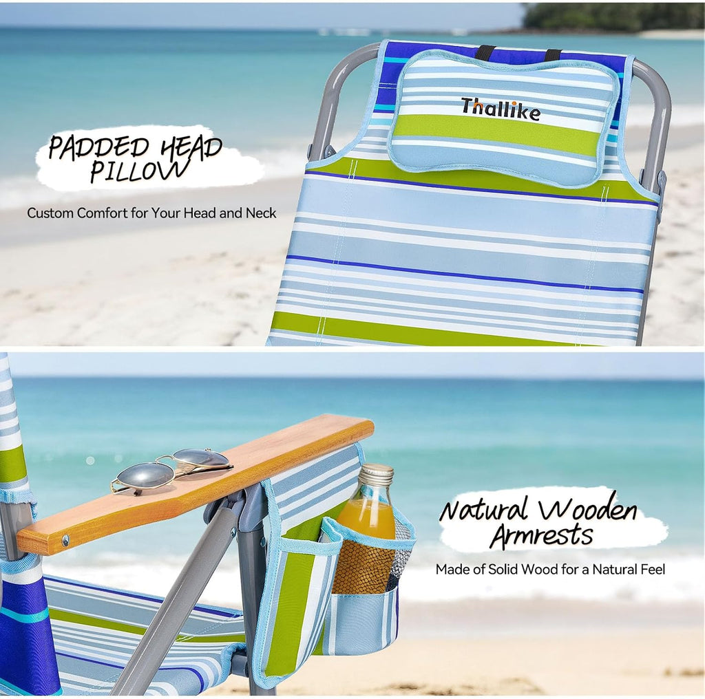 Backpack Beach Chair Wide Seat High Back Folding Camping Chair for Adults 5-Position Recline Supports 400 lbs Portable Chair with Cup Holder Cooler Bag Storage Pouch for Outdoor Lawn Picnic