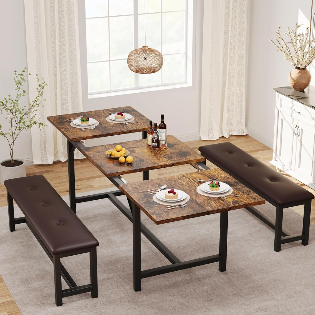 IDEALHOUSE 3 Piece Dining Table Set for 4-6, 63" Extendable Thick Metal Frame Kitchen Table with 2 Upholstered Benches Set for 6, Rectangle Wooden Dinette Table Set for Dining, Apartment, Retro Brown