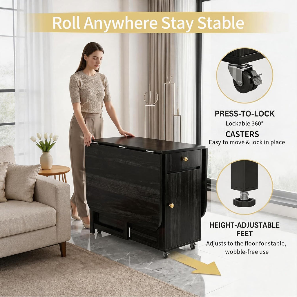 Small Foldable Dining Table - 59" Fully Assembled Drop Leaf Tables for Small Spaces with Storage & Lockable Wheels, 4-6 Seater Space-Saving Furniture for Dining Room, Black