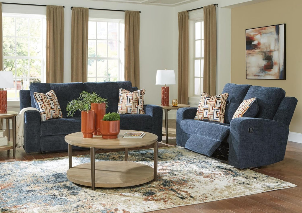 Signature Design by Ashley Danum Modern Manual Pull Tab Reclining Sofa with Tufed Back Cushion, Blue
