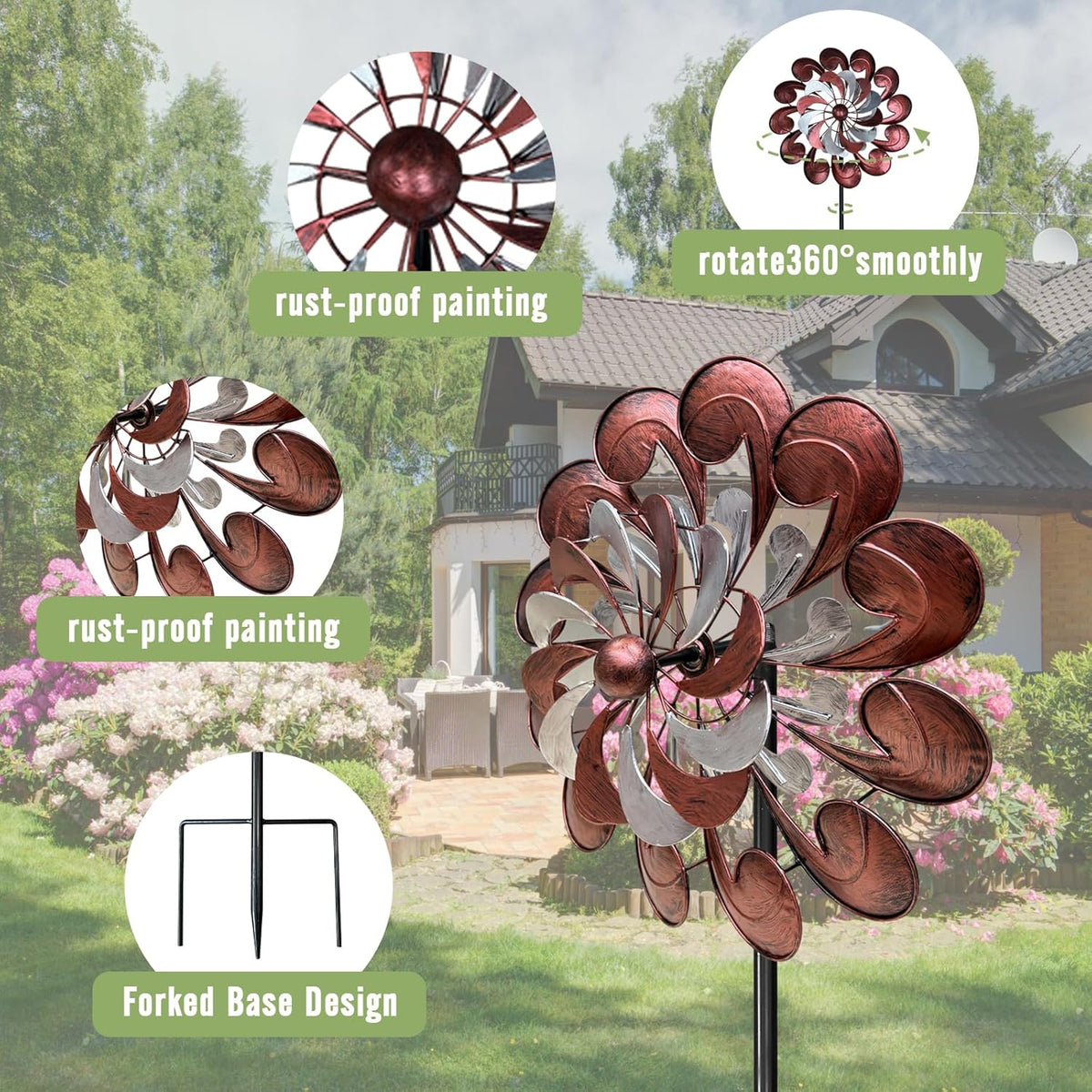 GUAGUA Classical Metal Wind Spinner Outdoor, 360 Degrees Swivel Wind Spinners for Yard and Garden, 74 Inch Kinetic Wind Sculptures Willow Leaves Patio Decor (Bronze & Red)