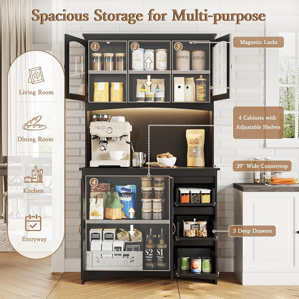 Garvee Kitchen Pantry Cabinet with LED Lights & Charging Station, 71" Tall Kitchen Hutch Storage Cabinet with Countertop, 3 Drawers, 4 Doors, Adjustable Shelves for Dining Room, Black