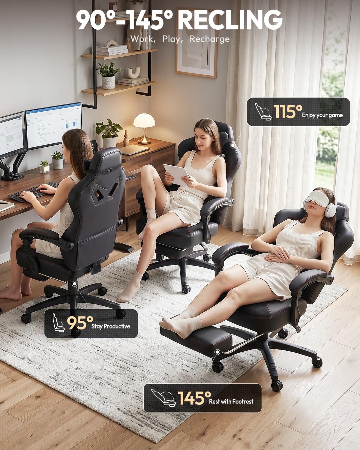 Dowinx Big and Tall Gaming Chair for Adults with Footrest, Massage Lumbar | Ergonomic High back with Pocket Spring Cusion Wide Seat, 90-135° Recline, Adjustable Height & Headrest for Home Office Black