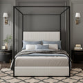 GDFStudio Modern Queen Size Luxury Metal Canopy Bed with 49.5" Velvet Upholstered Headboard, Black Four Poster Frame, Platform Bed Frame No Box Spring Needed, for Bedroom, Living Room, White