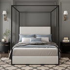 GDFStudio Modern Queen Size Luxury Metal Canopy Bed with 49.5" Velvet Upholstered Headboard, Black Four Poster Frame, Platform Bed Frame No Box Spring Needed, for Bedroom, Living Room, White
