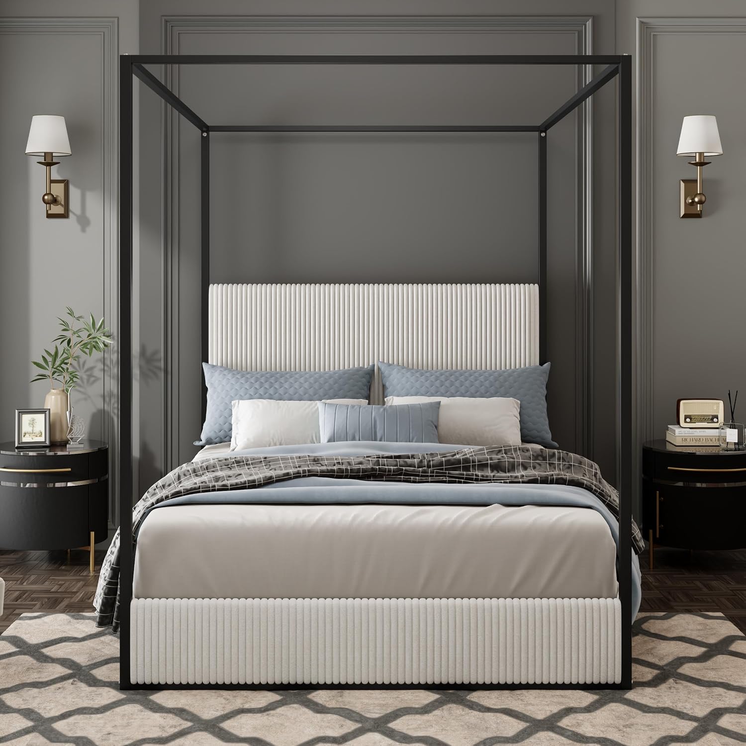 GDFStudio Modern Queen Size Luxury Metal Canopy Bed with 49.5" Velvet Upholstered Headboard, Black Four Poster Frame, Platform Bed Frame No Box Spring Needed, for Bedroom, Living Room, White