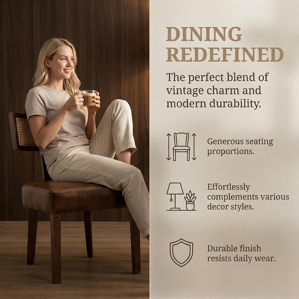 VESCASA Mid Century Modern Rattan Dining Chairs Set of 6, Upholstered Leather Dining Room Chairs with Cane Back, Walnut Wood Legs, Kitchen Accent Chairs for Apartment, Farmhouse & Modern Home, Brown