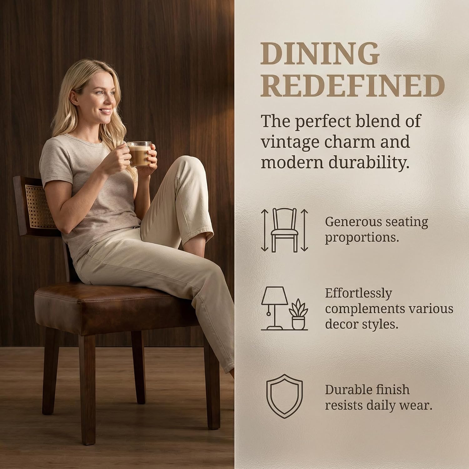 VESCASA Mid Century Modern Rattan Dining Chairs Set of 6, Upholstered Leather Dining Room Chairs with Cane Back, Walnut Wood Legs, Kitchen Accent Chairs for Apartment, Farmhouse & Modern Home, Brown
