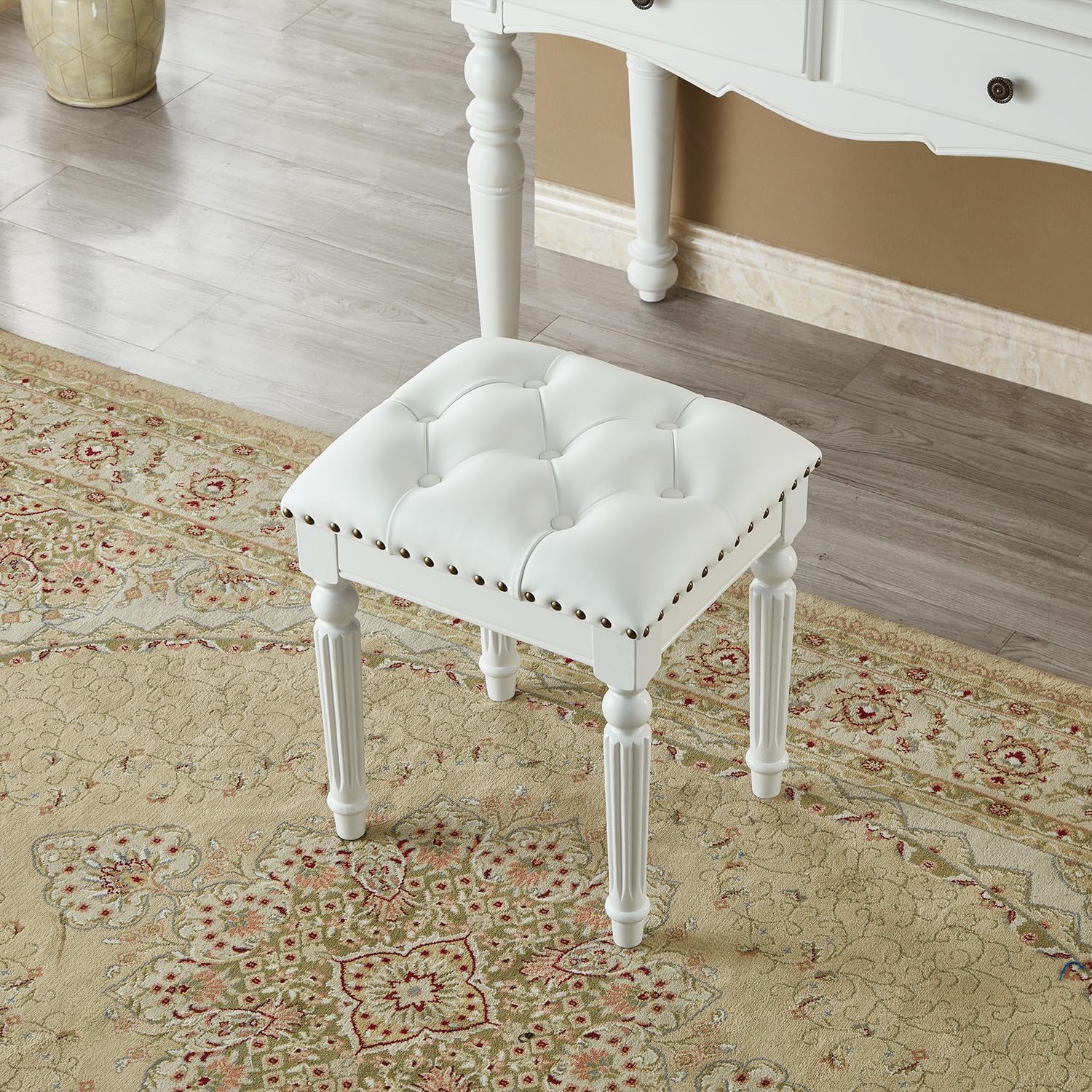 Vanity Bench Stool with Microfiber Leather Cushion, Vanity Chair Ottoman Dressing Stool with Solid Wood Legs for Bedroom, Makeup Room, Dressing Room, Easy Assembly (White)