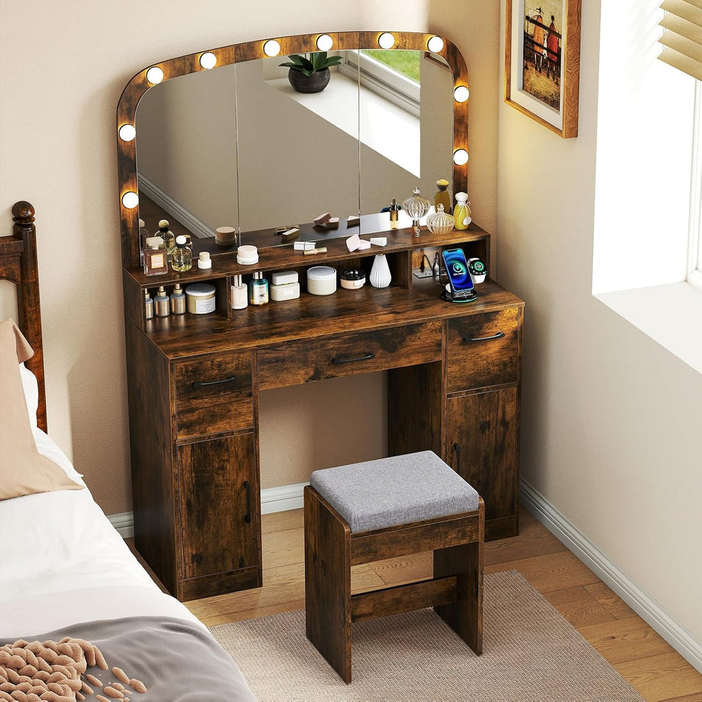 CHARMAID Large Vanity Desk with Arched Mirror and Lights, Vintage Makeup Vanity Table with Charging Station, Storage Drawers & Cabinets, Dressing Table with Stool for Bedroom, Rustic Brown