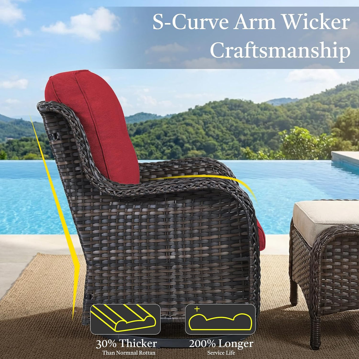 Outdoor Swivel Rocker Patio Chairs with Side Table 3 Pieces PE Wicker Patio Furniture Set for Porch Deck Balcony Garden-Brown/Red