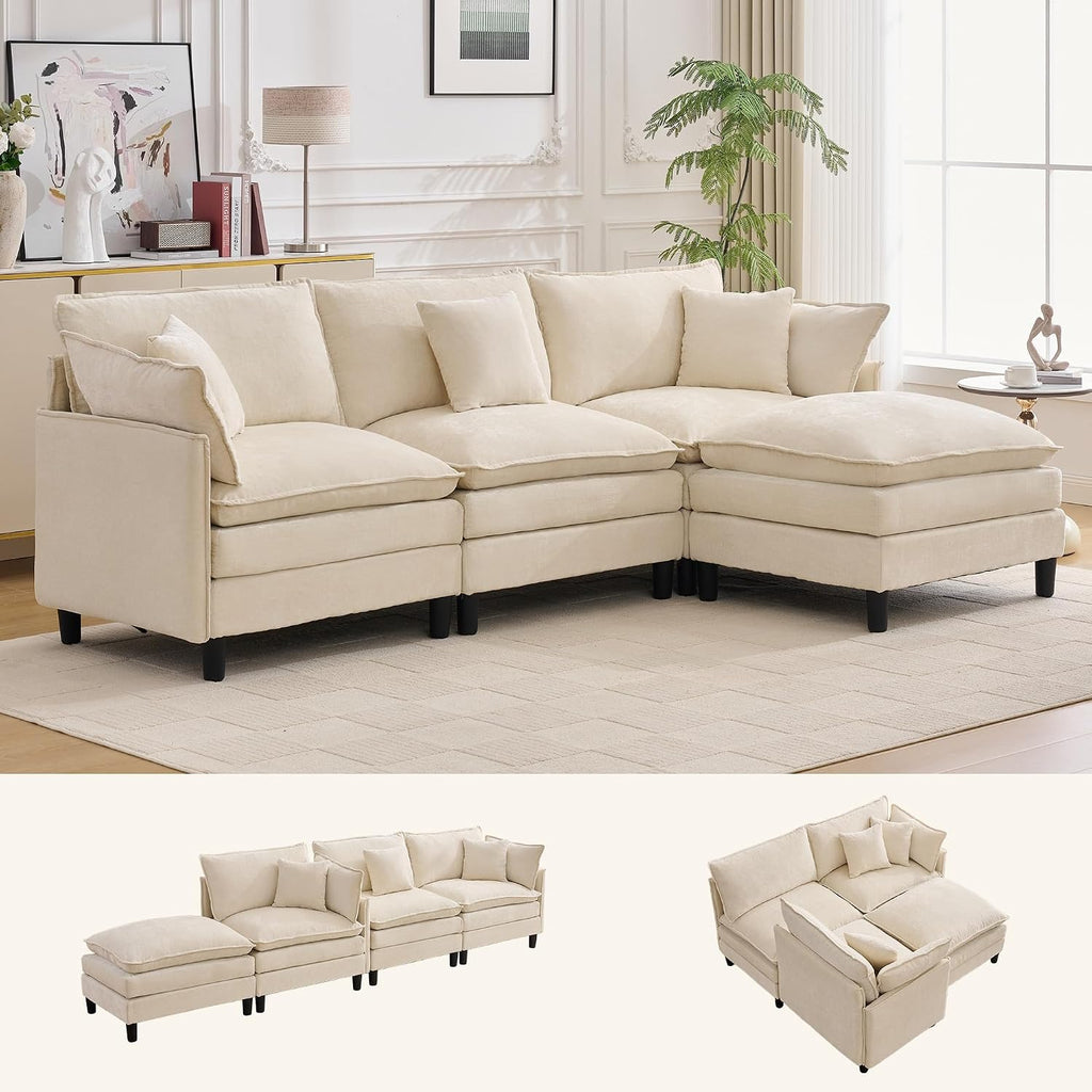 Korser 105" L-Shaped Modular Sectional Sofa, 3-Seater Cloud Couch with 1 Movable Ottoman, Modern Chenille Sofa Set with Removable Washable Pillows for Living Room, Bedroom, Apartment