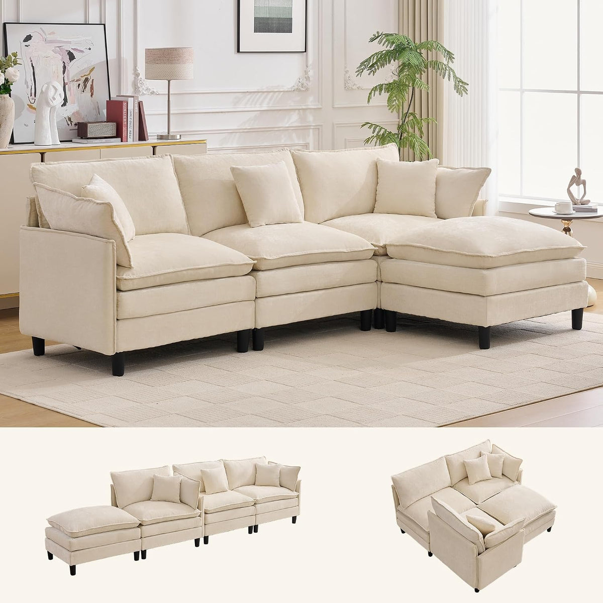 Korser 105" L-Shaped Modular Sectional Sofa, 3-Seater Cloud Couch with 1 Movable Ottoman, Modern Chenille Sofa Set with Removable Washable Pillows for Living Room, Bedroom, Apartment