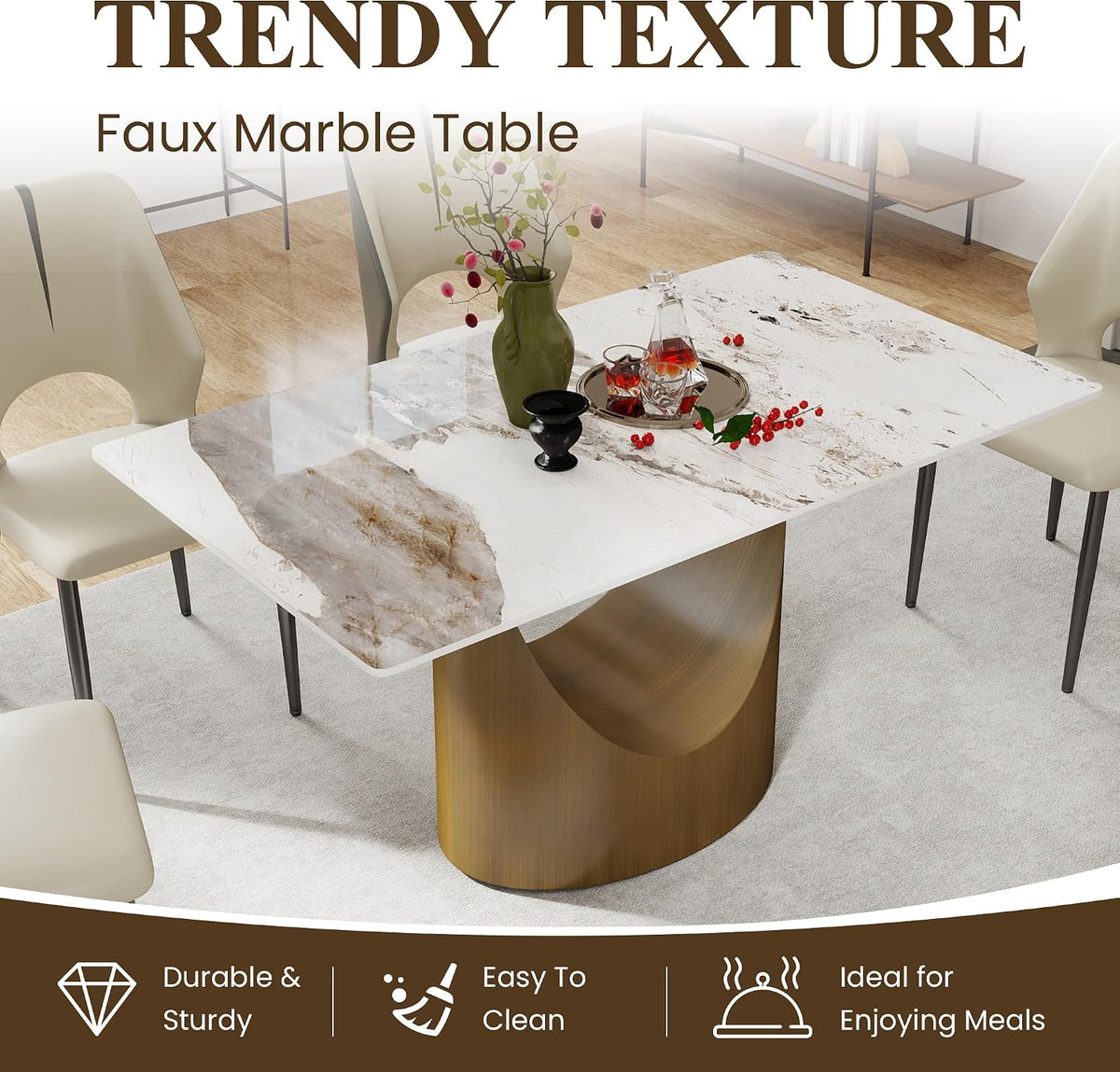 55" Modern Dining Table for 4-6, White Rectangle Dining Table, Sintered Stone Dining Tabletop with U-Shape Carbon Steel Pedestal (Table Only)