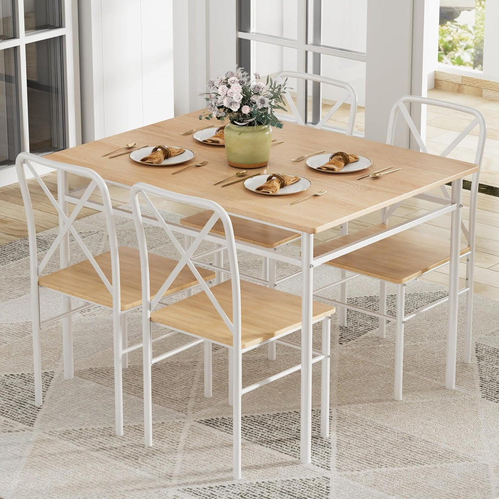 VECELO Dining Table Set for 4, 5-Piece Wood Kitchen Table with Chairs for Small Space, Breakfast Nook, Space-Saving, Natural White