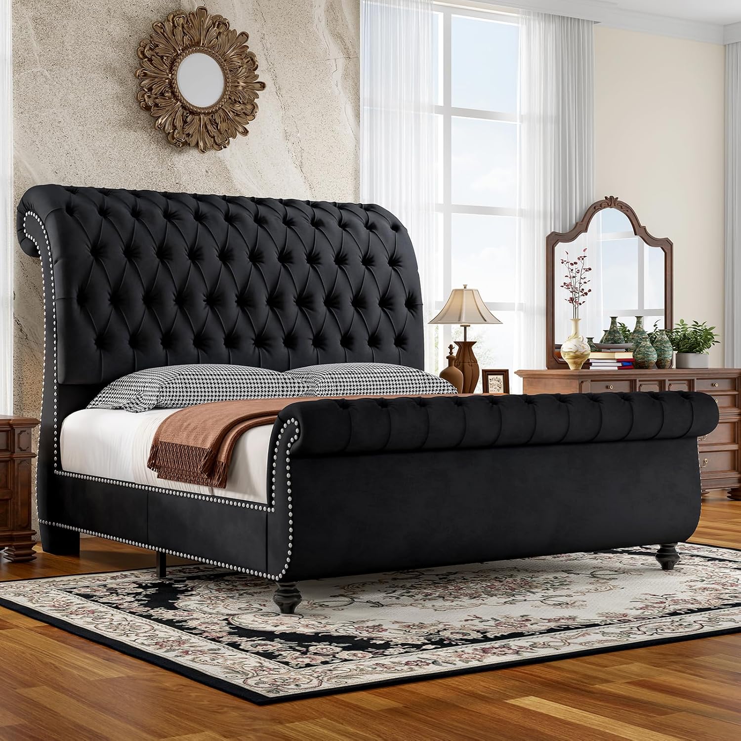 Jocisland Queen Size Bed Frame with Sleigh Headboard & Footboard, Black