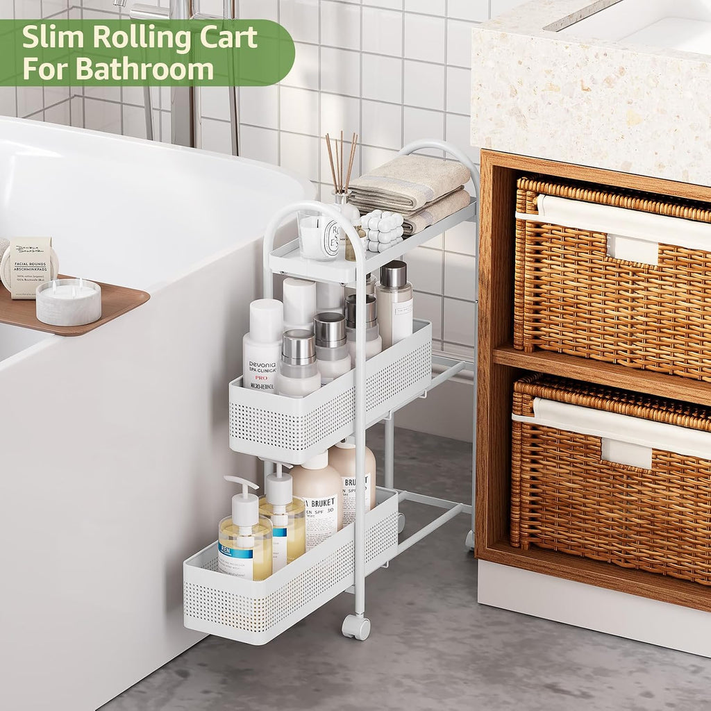 KINGRACK 3 Tier Slim Rolling Cart with Drawer, Metal Utility Storage Cart | 2 Pull-out Baskets, Lockable Wheels, Narrow Space Trolley Organizer for Bathroom, Kitchen, Office, Dorm, Laundry Room, White