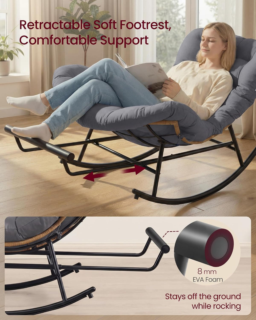 VASAGLE Papasan Chair, Outdoor Rocking Chair, Outdoor Furniture, Steel Frame, Extendable Footrest, Removable Cushion, Holds 300 lb, for Bedroom, Living Room, Patio, Garden, Gray ULYY062GZ01
