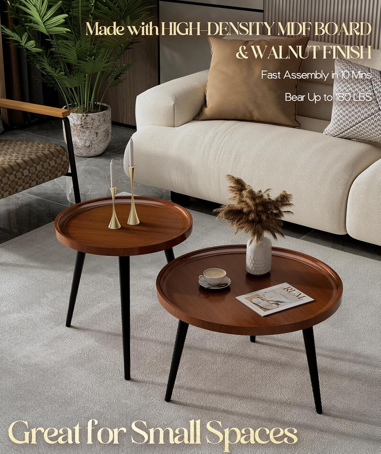 2-Piece Walnut Coffee Table,Durable Mid Century Small Round Coffee Tables for Living Room,Easy Assembly Modern Nesting Coffee Tables Set,Circle Side Tables for Sofa Bedside Balcony