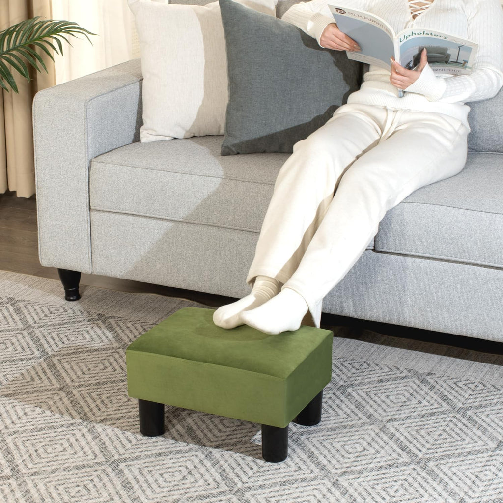 Adeco Small Velvet Foot Stool for Living Room & Bedroom, Boho Chic Upholstered Ottoman Footrest with Thick Padded Seat, Compact Under Desk Stool, 15 inch, Grass Green, Supports 335 lbs