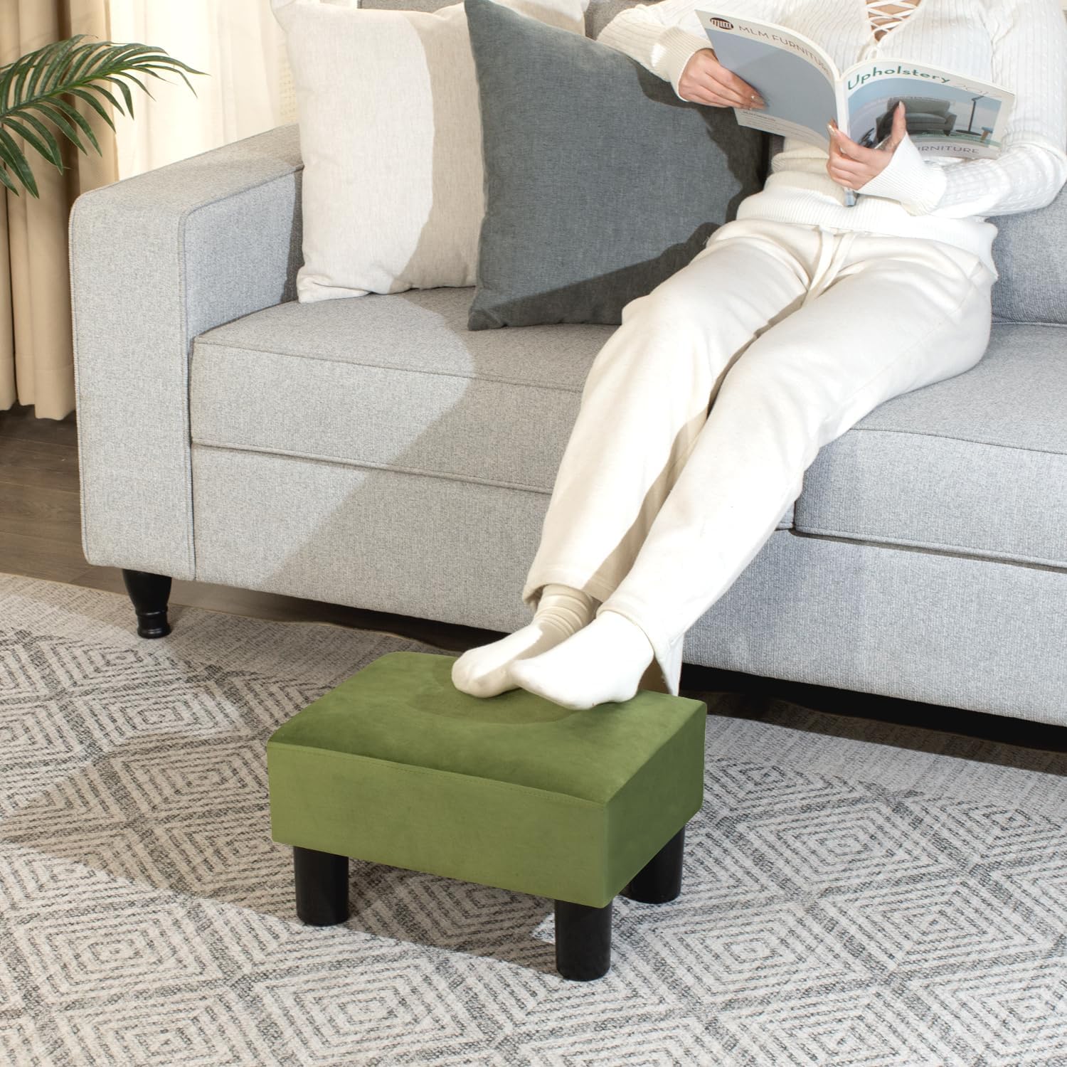 Adeco Small Velvet Foot Stool for Living Room & Bedroom, Boho Chic Upholstered Ottoman Footrest with Thick Padded Seat, Compact Under Desk Stool, 15 inch, Grass Green, Supports 335 lbs