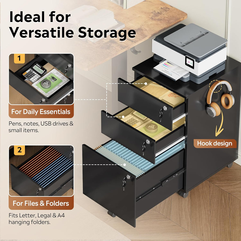 DEVAISE 3 Drawer File Cabinet with Individual Locks, Wood Filing Cabinet for Home Office, Mobile Printer Stand with Wheels, Under Desk Storage for Letter/A4/Legal Size, Black