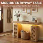 63-Inch Modern Console Table with LED & Outlet, Farmhouse Entryway Table with Geometric Base, Solid Wood-Grain Sofa Table Behind Couch, Narrow Accent Table for Hallway, Brown Oak