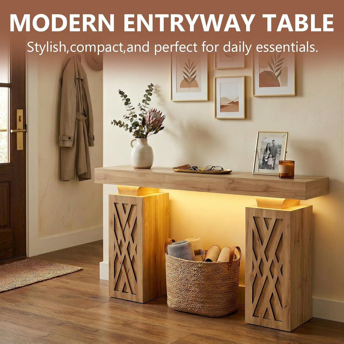 63-Inch Modern Console Table with LED & Outlet, Farmhouse Entryway Table with Geometric Base, Solid Wood-Grain Sofa Table Behind Couch, Narrow Accent Table for Hallway, Brown Oak