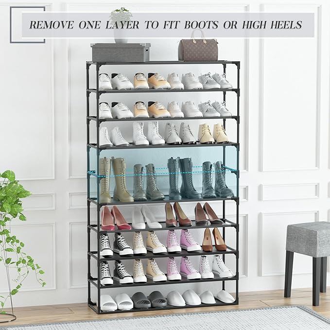 TY ARTS & CULTURE 2 Pack 10-Tiers Shoe Rack Organizer, Sturdy Metal Pipes & Durable Non-Woven Fabric, Space Saving Tall Shoe Shelf Hold 80-100 Pairs, Shoe Racks for Entryway (Black)