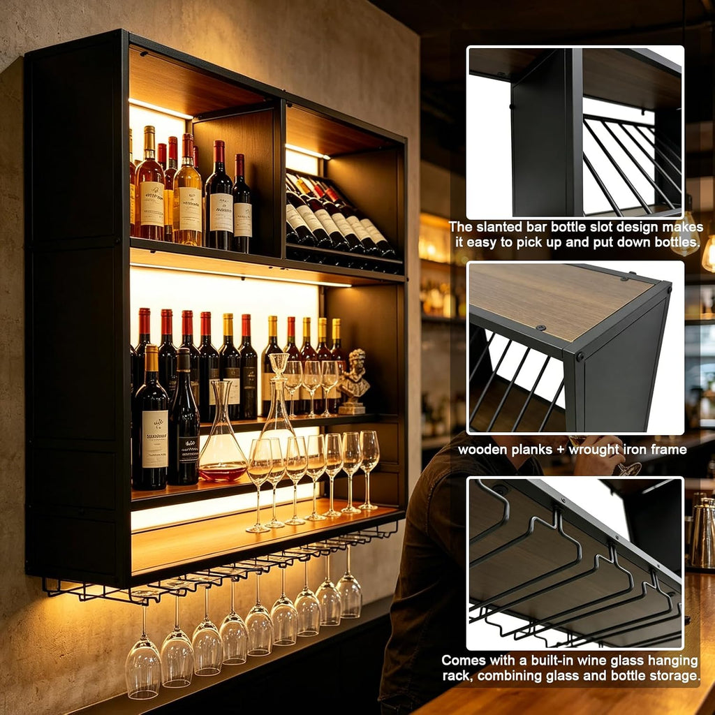 55in Large Wall Mounted Wine Rack with LED Light, 4 Tier Iron Liquor Bottle Display Storage, Modern Wood Floating Bar Shelf with Wine Glass Holder, for Home Bar, Kitchen, Cafe Liquor Shelves