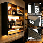 55in Large Wall Mounted Wine Rack with LED Light, 4 Tier Iron Liquor Bottle Display Storage, Modern Wood Floating Bar Shelf with Wine Glass Holder, for Home Bar, Kitchen, Cafe Liquor Shelves