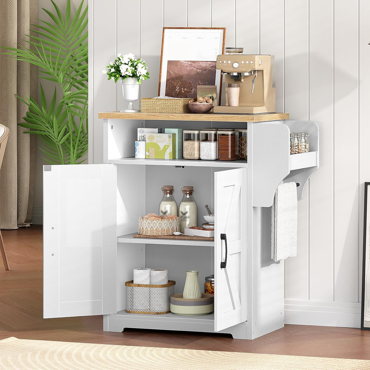 YATINEY Coffee Bar Cabinet, Kitchen Island with Storage, Farmhouse Sideboard Buffet Cabinet with Dual-Purpose Floating Shelf and Hooks, for Kitchen Living Room, White and Natural KF22WN
